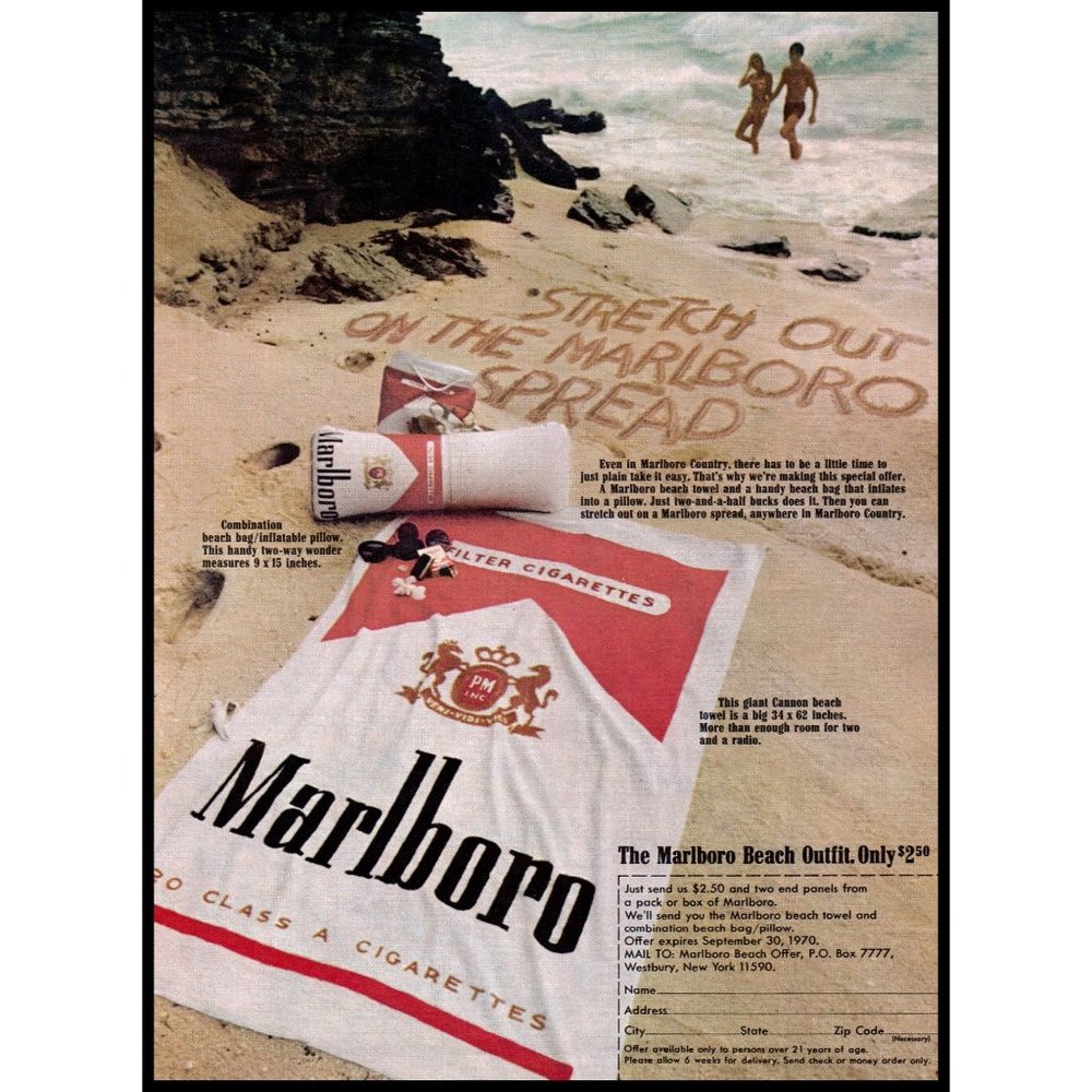 1970 Marlboro Cigarettes Beach Outfit Vintage Print Ad Couple Waves Surf Photo